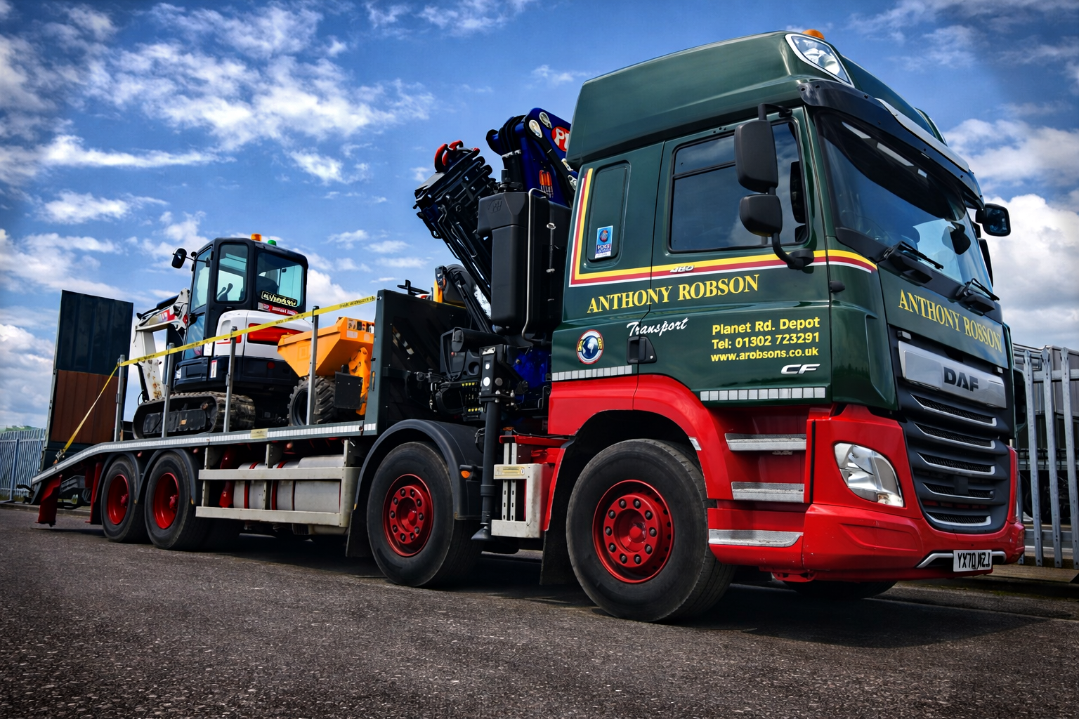 Anthony Robson Transport Beavertail Hiab carrying plant in Doncaster area